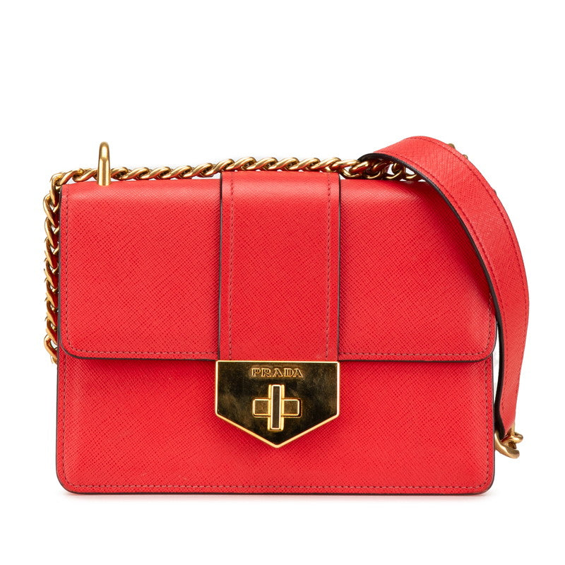 プラダ サフィアーノ チェーン ショルダーバッグ レッド ゴールド レザー レディース PRADA 【中古】