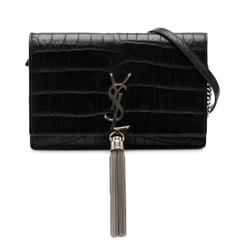 サンローラン YSLロゴ クロコ型押し タッセル チェーン ショルダーバッグ ブラック レザー レディース SAINT LAURENT 【中古】