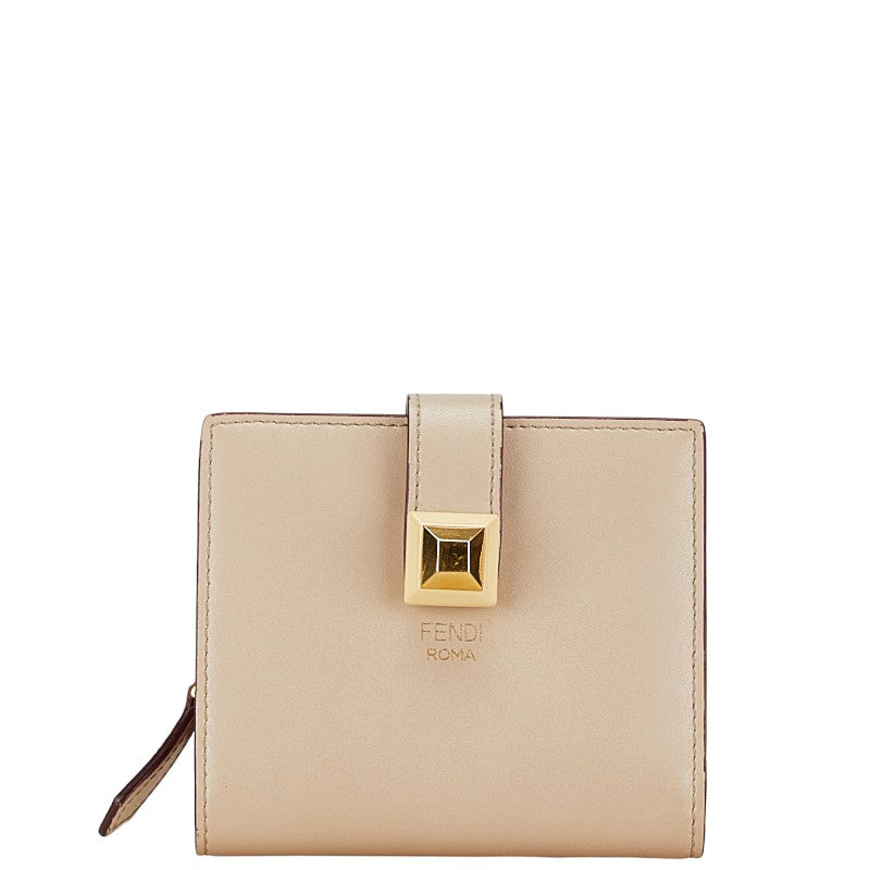 フェンディ スタッズ 二つ折り財布 ベージュ ピンク レザー レディース FENDI 【中古】