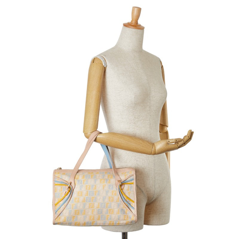 フェンディ ズッキーノ ハンドバッグ トートバッグ ベージュ イエロー ブルー キャンバス レザー レディース FENDI 【中古】