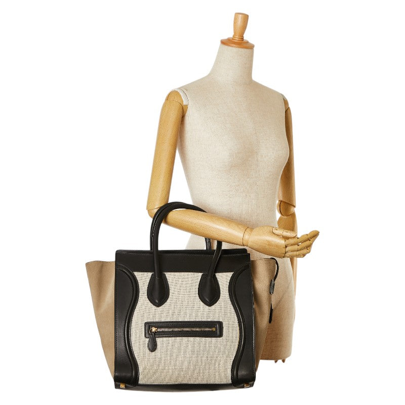 セリーヌ ラゲージ ミニショッパー ハンドバッグ ベージュ カーキ ブラック キャンバス スウェード レザー レディース CELINE 【中古】