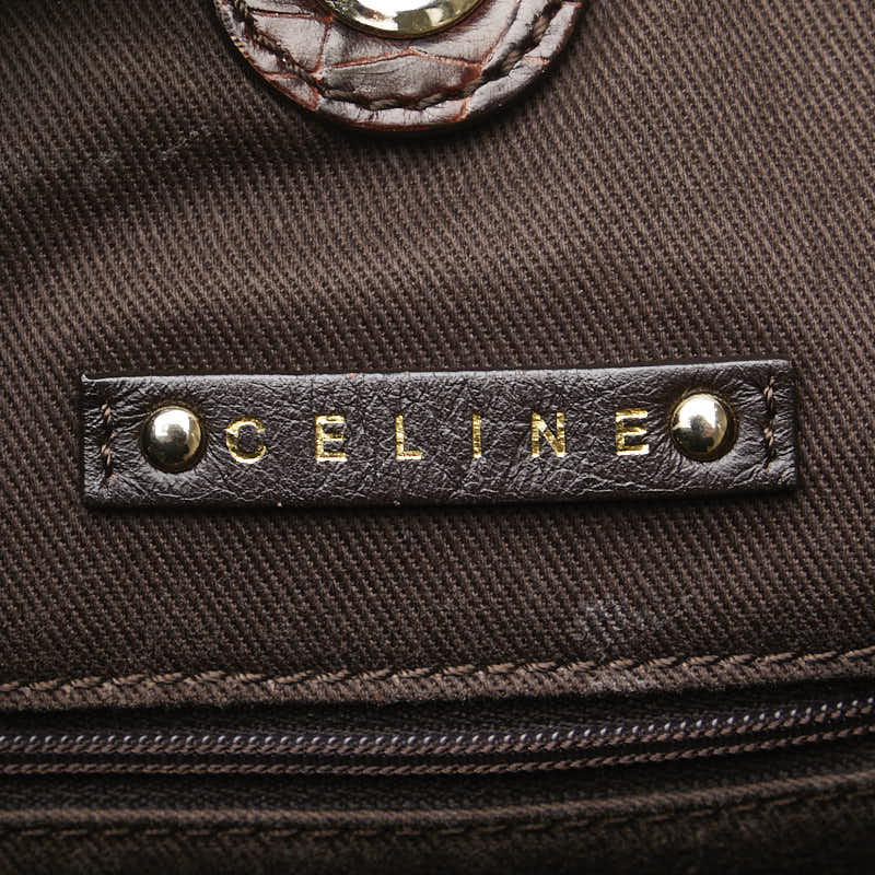 セリーヌ マカダム クロコ型押し トートバッグ ショルダーバッグ ブラウン キャンバス レザー レディース CELINE 【中古】