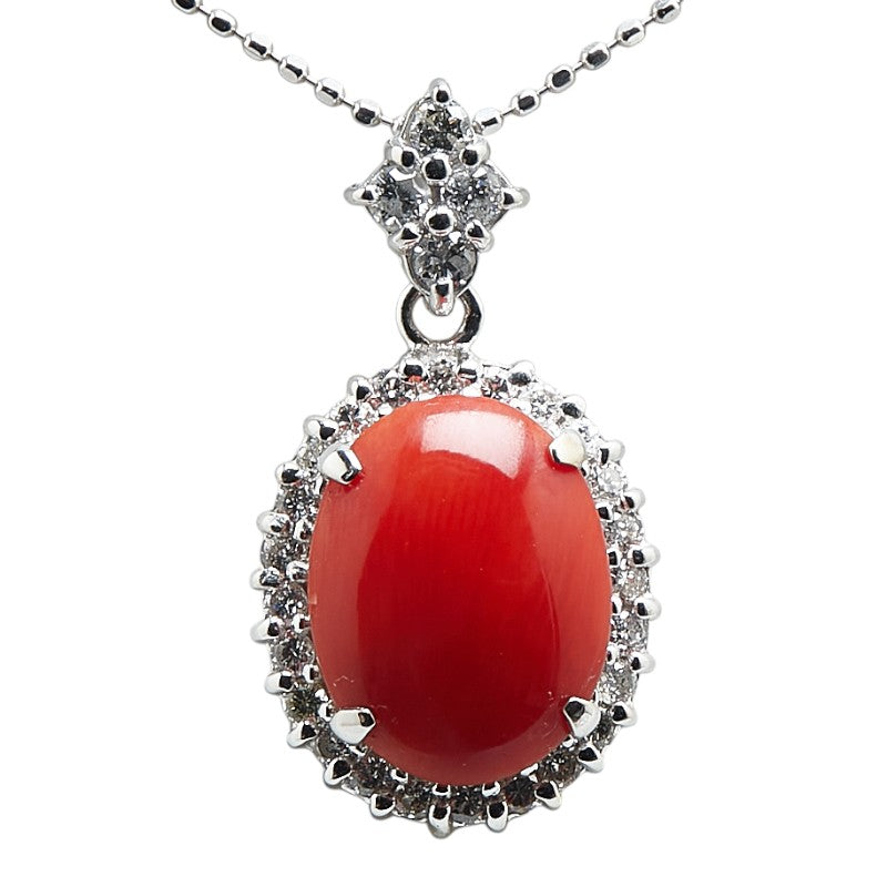 K18WG ホワイトゴールド サンゴ2.29ct ダイヤ0.40ct ペンダント ネックレス レディース 【中古】