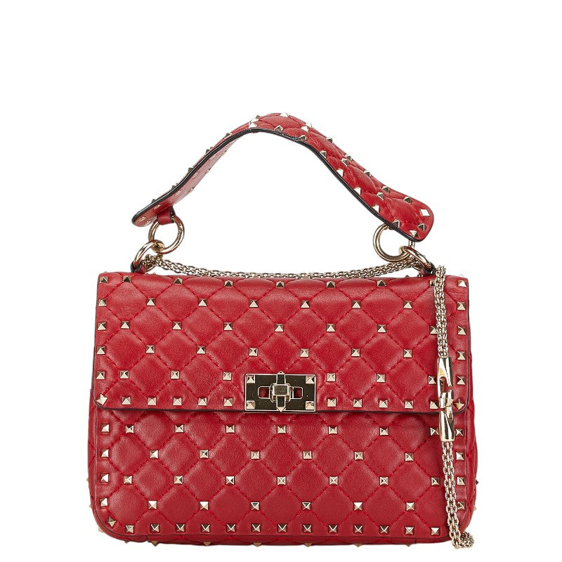 ヴァレンティノ ロックスタッズ スパイク ハンドバッグ チェーン ショルダーバッグ 2WAY レッド レザー レディース VALENTINO 【中古】