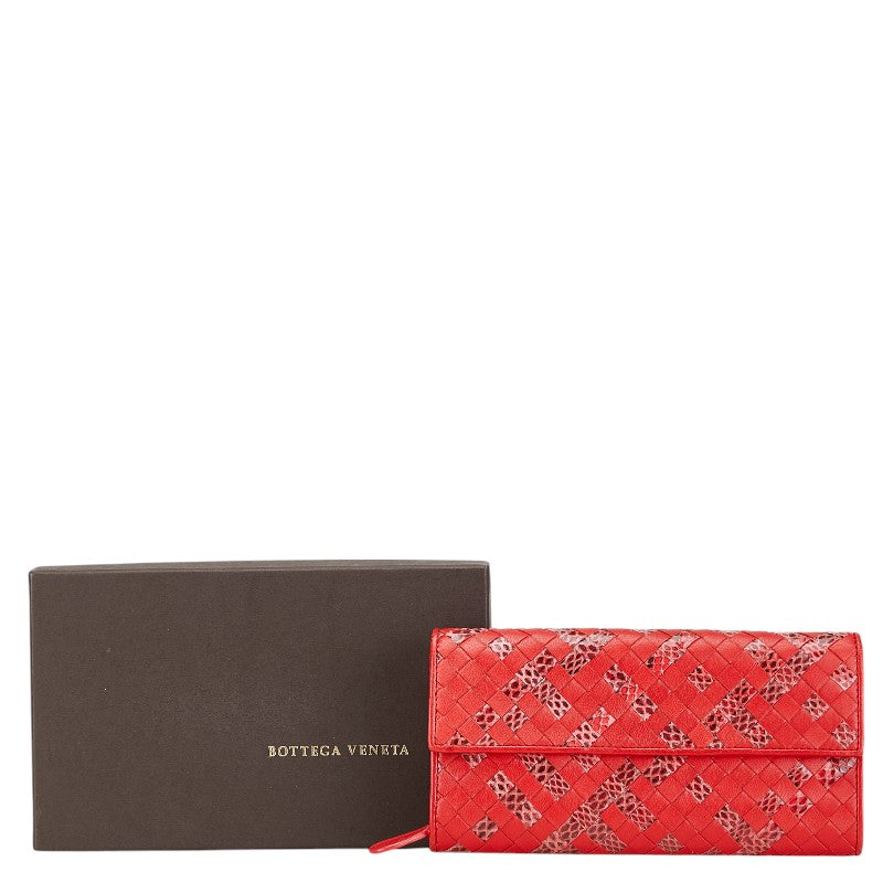 ボッテガヴェネタ イントレチャート 長財布 レッド レザー パイソン レディース BOTTEGAVENETA 【中古】