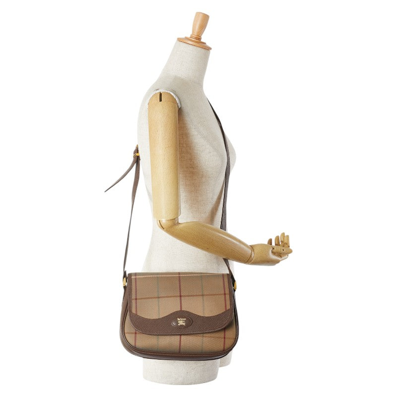 バーバリー チェック ロゴ ショルダーバッグ カーキ ブラウン キャンバス レザー レディース BURBERRY 【中古】