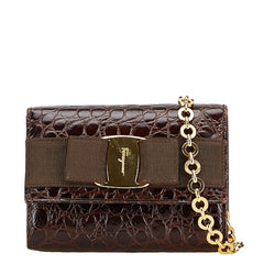 サルヴァトーレフェラガモ ヴァラリボン がま口 チェーン ミニショルダーバッグ AQ213202 ブラウン レザー レディース Salvatore Ferragamo 【中古】