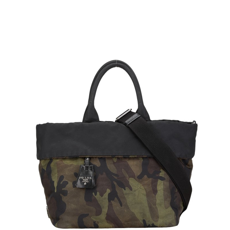 プラダ 三角ロゴプレート 迷彩 カモフラージュ ハンドバッグ ショルダーバッグ 2WAY カーキ ブラック マルチカラー ナイロン レザー レディース PRADA 【中古】