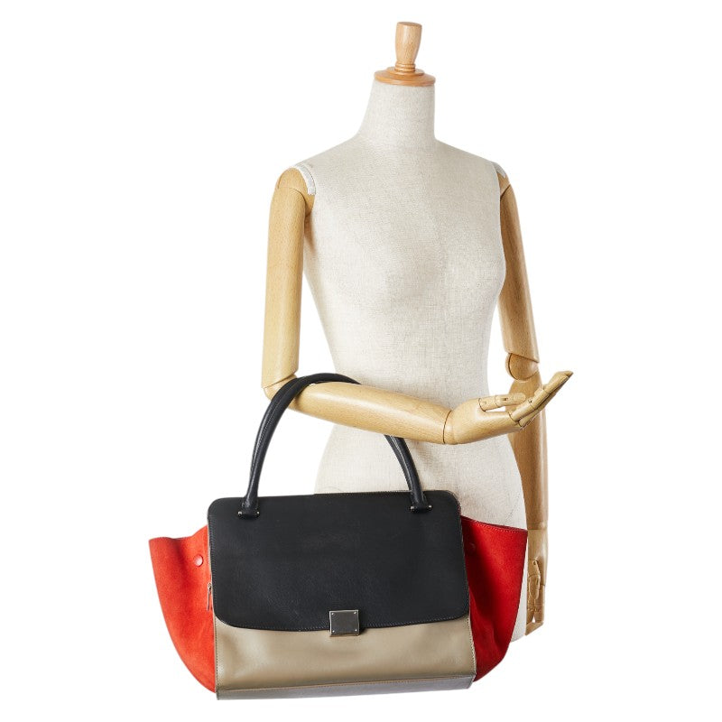 セリーヌ トラペーズ ミディアム トリコロール ハンドバッグ ベージュ レッド ブラック レザー スエード レディース CELINE 【中古】