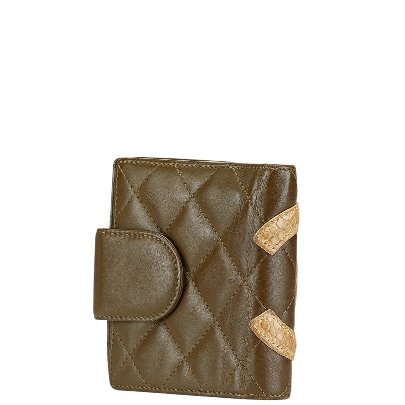 シャネル カンボンライン ココマーク パイソン型押し 二つ折り財布 カーキ ベージュ ラムスキン レディース CHANEL 【中古】