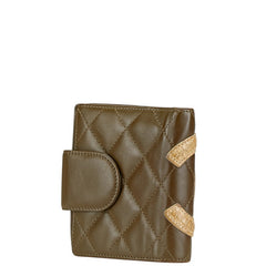 シャネル カンボンライン ココマーク パイソン型押し 二つ折り財布 カーキ ベージュ ラムスキン レディース CHANEL 【中古】