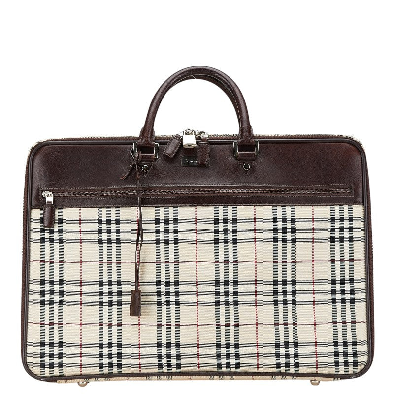 バーバリー ノバチェック ビジネスバッグ ブリーフケース ベージュ ブラウン キャンバス レザー レディース BURBERRY 【中古】