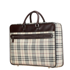 バーバリー ノバチェック ビジネスバッグ ブリーフケース ベージュ ブラウン キャンバス レザー レディース BURBERRY 【中古】