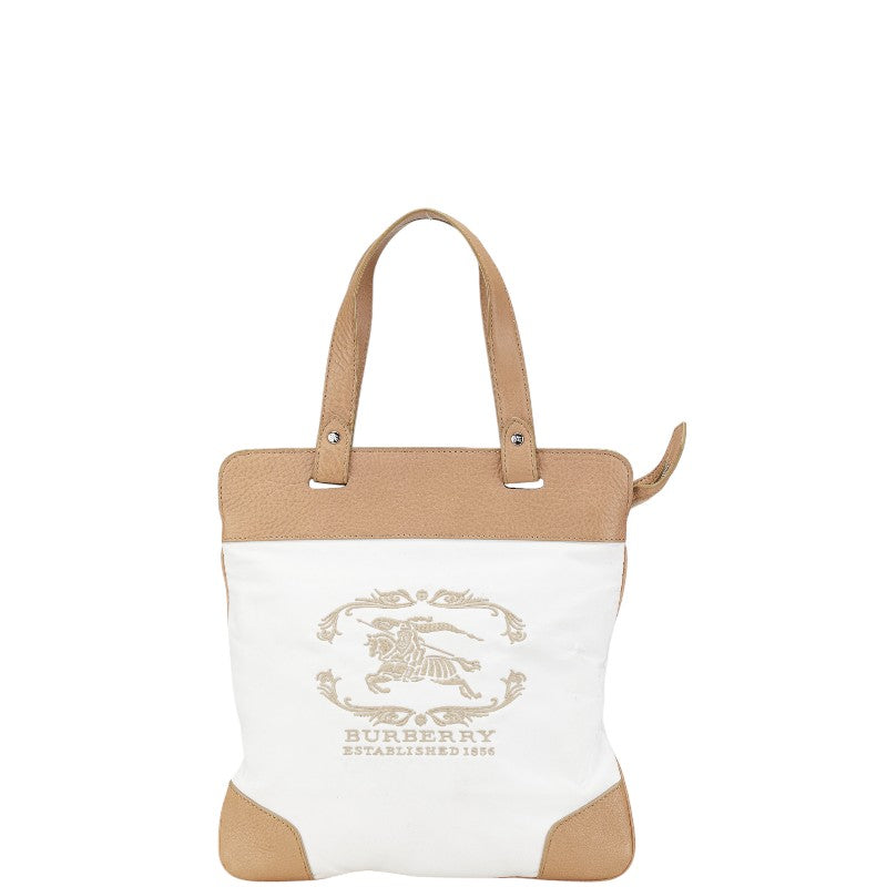 バーバリー ノバチェック ロゴ ハンドバッグ トートバッグ ホワイト ベージュ キャンバス レザー レディース BURBERRY 【中古】