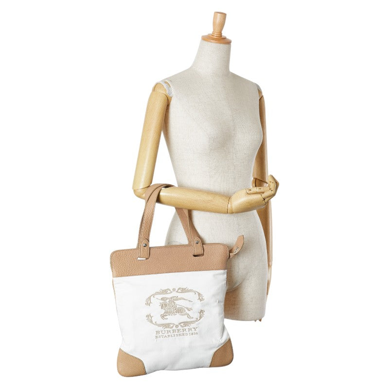 バーバリー ノバチェック ロゴ ハンドバッグ トートバッグ ホワイト ベージュ キャンバス レザー レディース BURBERRY 【中古】