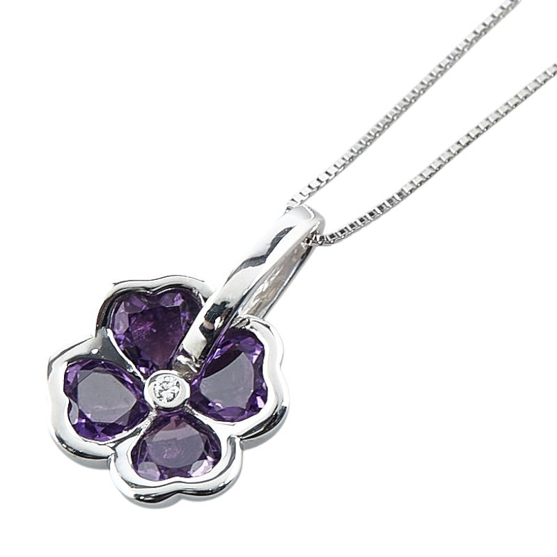 ノーブランド K18WG ホワイトゴールド Pt850 プラチナ コンビ アメシスト ダイヤ0.06ct クローバー 四つ葉 モチーフ ペンダントネックレス レディース no brand 【中古】