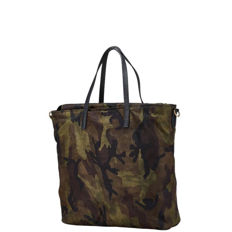 プラダ 三角ロゴプレート カモ柄 トートバッグ カーキ ブラック ナイロン レザー レディース PRADA 【中古】