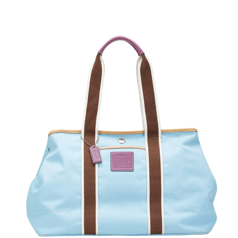 コーチ ハンプトンズ ウイークエンド トートバッグ ショルダーバッグ ライトブルー ブラウン ナイロン レザー レディース COACH 【中古】