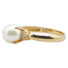 K18YG イエローゴールド アコヤパール7.5mm ダイヤ リング 指輪 レディース 11号 【中古】