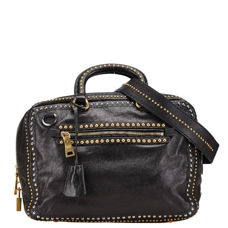 プラダ 三角ロゴプレート スタッズ ハンドバッグ ショルダーバッグ 2WAY ブラック レザー レディース PRADA 【中古】