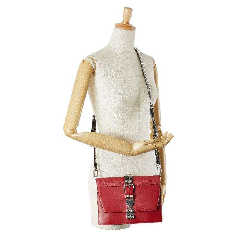 プラダ エレクトラ スタッズ 斜め掛け ショルダーバッグ レッド レザー サフィアーノ レディース PRADA 【中古】