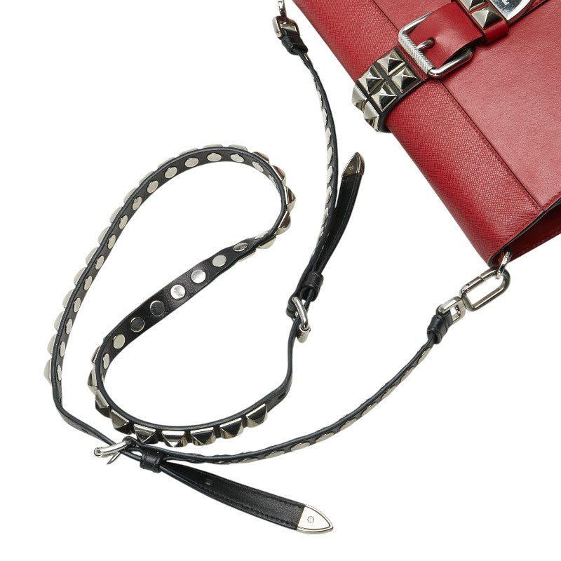 プラダ エレクトラ スタッズ 斜め掛け ショルダーバッグ レッド レザー サフィアーノ レディース PRADA 【中古】