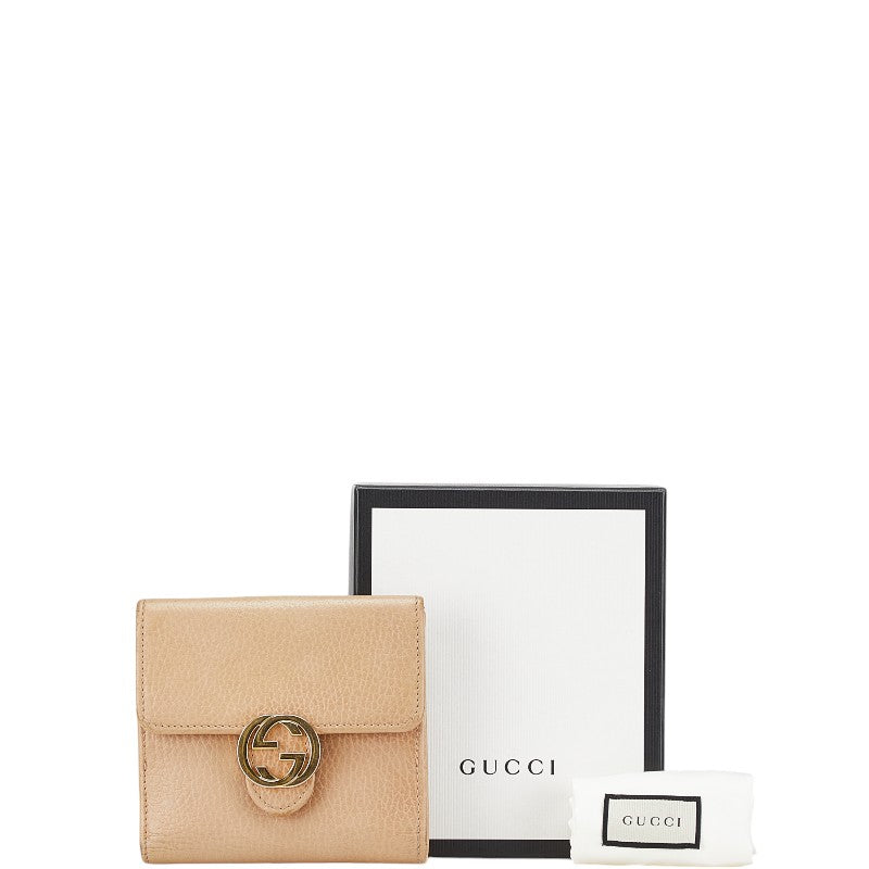 グッチ インターロッキング 三つ折り財布 615525 ベージュ レザー レディース GUCCI 【中古】