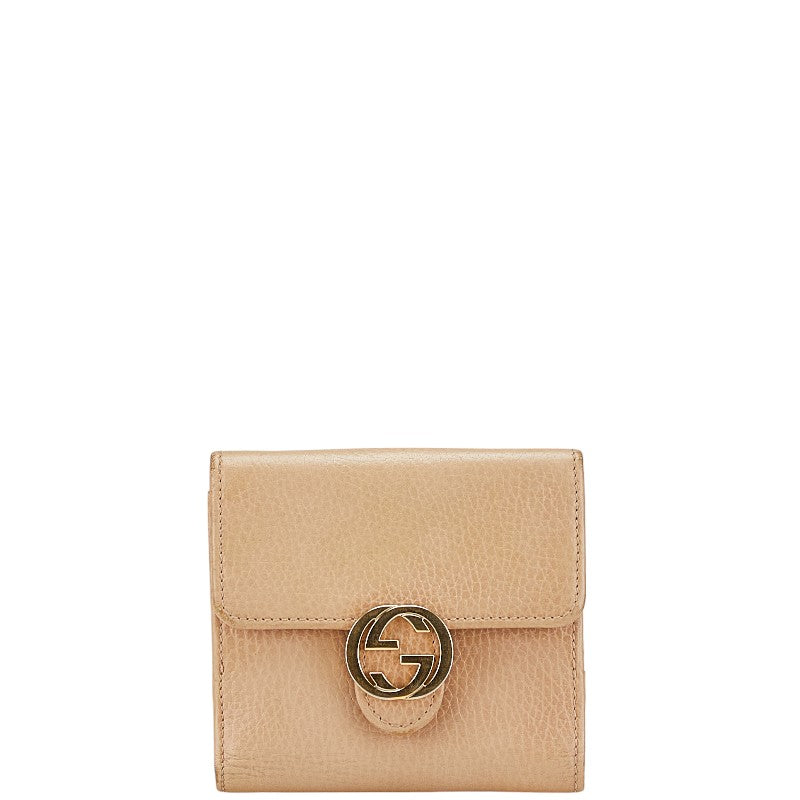 グッチ インターロッキング 三つ折り財布 615525 ベージュ レザー レディース GUCCI 【中古】