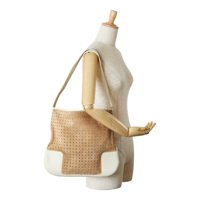 ロエベ アナグラム パンチング ワンショルダーバッグ ブラウン ホワイト レザー スエード レディース LOEWE 【中古】