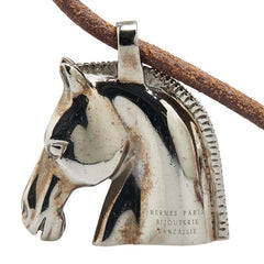 エルメス シュバル ホース 馬 ペンダントネックレス シルバー ブラウン メタル レザー レディース HERMES 【中古】