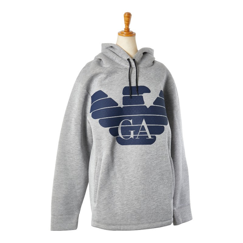 エンポリオ アルマーニ ロゴプリント プルオーバーパーカー サイズ：M グレー ネイビー アルパカ モダール メンズ Emporio Armani 【中古】