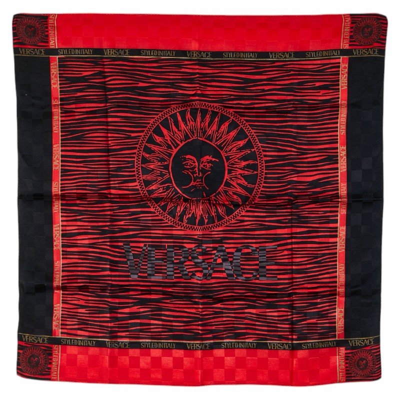 ヴェルサーチェ ロゴ サンバースト スカーフ ハンカチ レッド ブラック コットン レディース VERSACE 【中古】