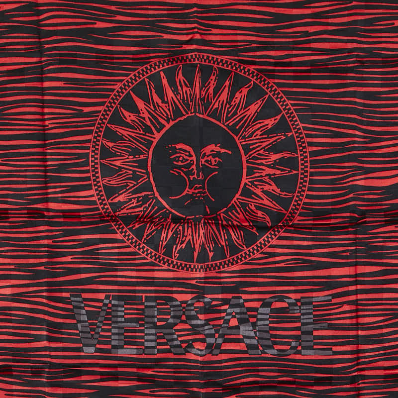 ヴェルサーチェ ロゴ サンバースト スカーフ ハンカチ レッド ブラック コットン レディース VERSACE 【中古】