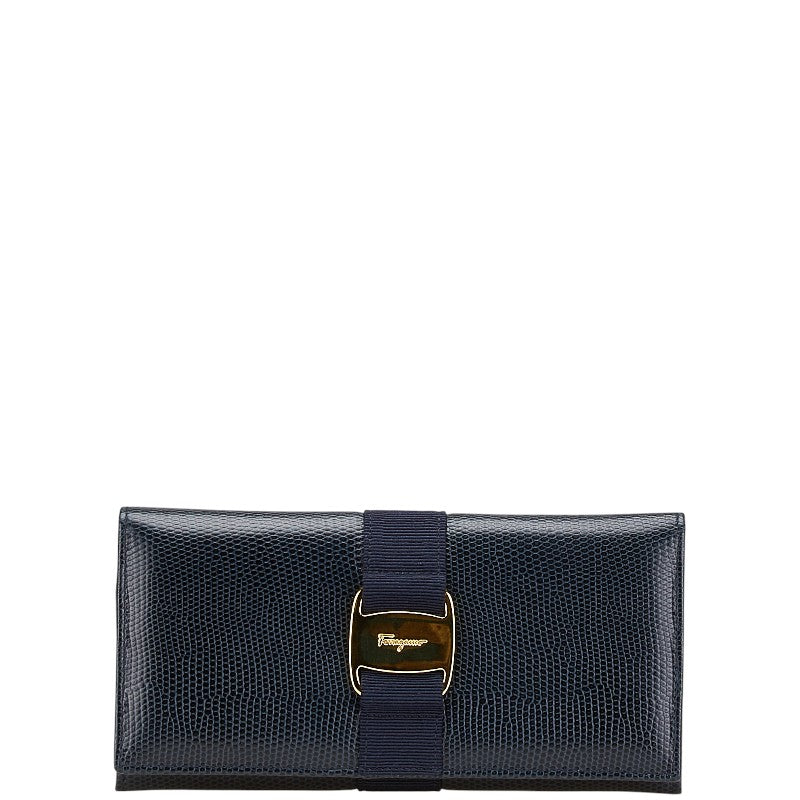 サルヴァトーレフェラガモ ヴァラリボン 長財布 ネイビー レザー レディース Salvatore Ferragamo 【中古】