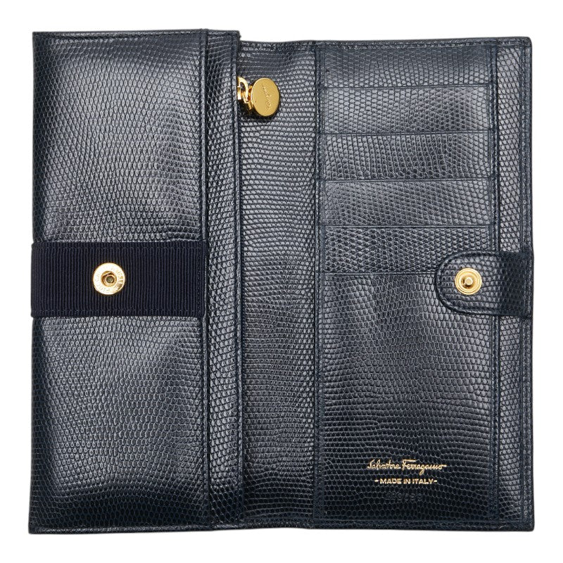 サルヴァトーレフェラガモ ヴァラリボン 長財布 ネイビー レザー レディース Salvatore Ferragamo 【中古】