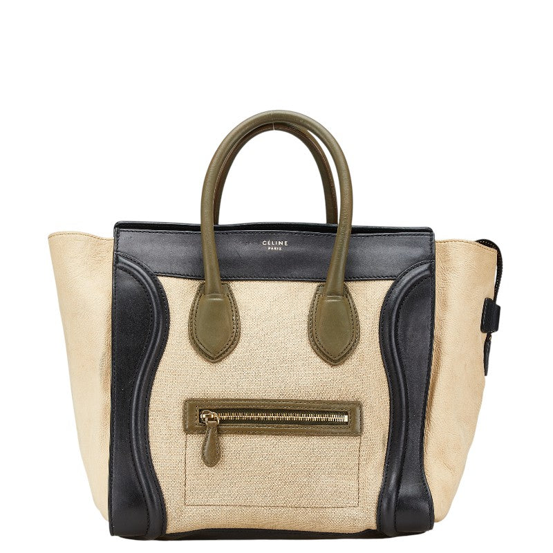 セリーヌ ラゲージ ミディアム ハンドバッグ ベージュ ブラック キャンバス レザー レディース CELINE 【中古】