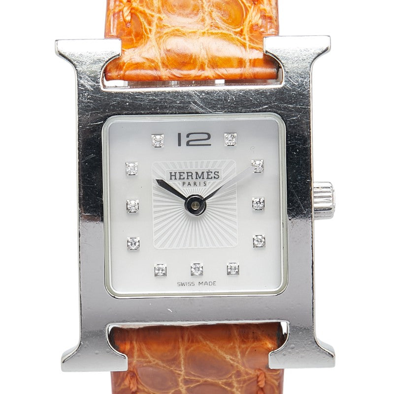 エルメス Hウォッチ 11Pダイヤ 腕時計 HH1.210 クオーツ シルバー文字盤 ステンレススチール レザー レディース HERMES 【中古】
