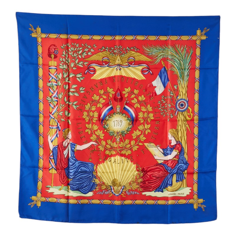 エルメス カレ90 1789 LIBERTE EGALITE FRATERNITE REPUBLIQUE FRANCAISE 1789年フランス革命を記念して スカーフ ブルー マルチカラー シルク レディース HERMES 【中古】