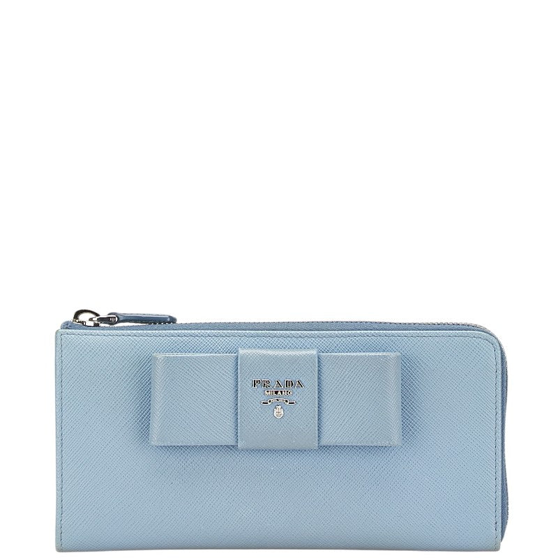 プラダ フィオッコ リボンモチーフ L字ファスナー 長財布 1ML183 ライトブルー サフィアーノレザー レディース PRADA 【中古】