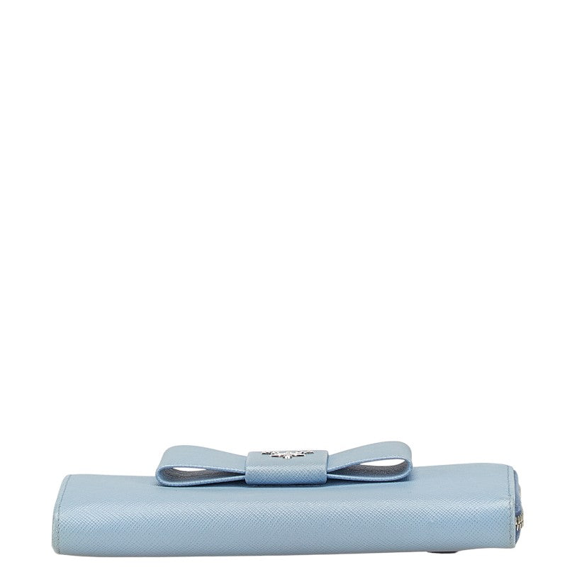 プラダ フィオッコ リボンモチーフ L字ファスナー 長財布 1ML183 ライトブルー サフィアーノレザー レディース PRADA 【中古】