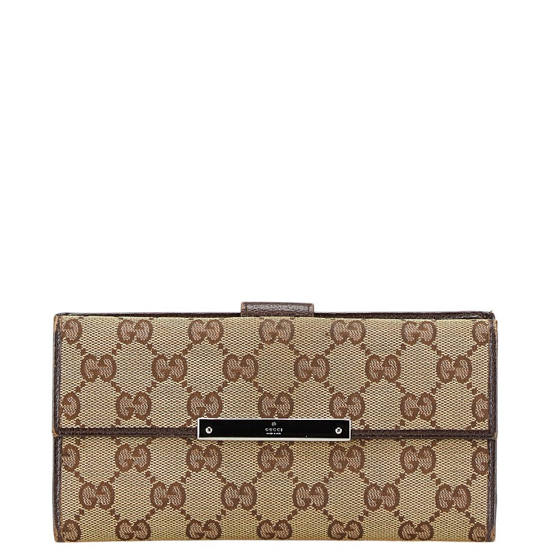 グッチ GGキャンバス ロゴプレート 長財布 112715 ベージュ ブラウン キャンバス レザー レディース GUCCI 【中古】