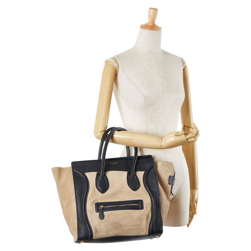 セリーヌ ラゲージ ミニ ショッパー ハンドバッグ トートバッグ ベージュ ネイビー系 スウェード レザー レディース CELINE 【中古】