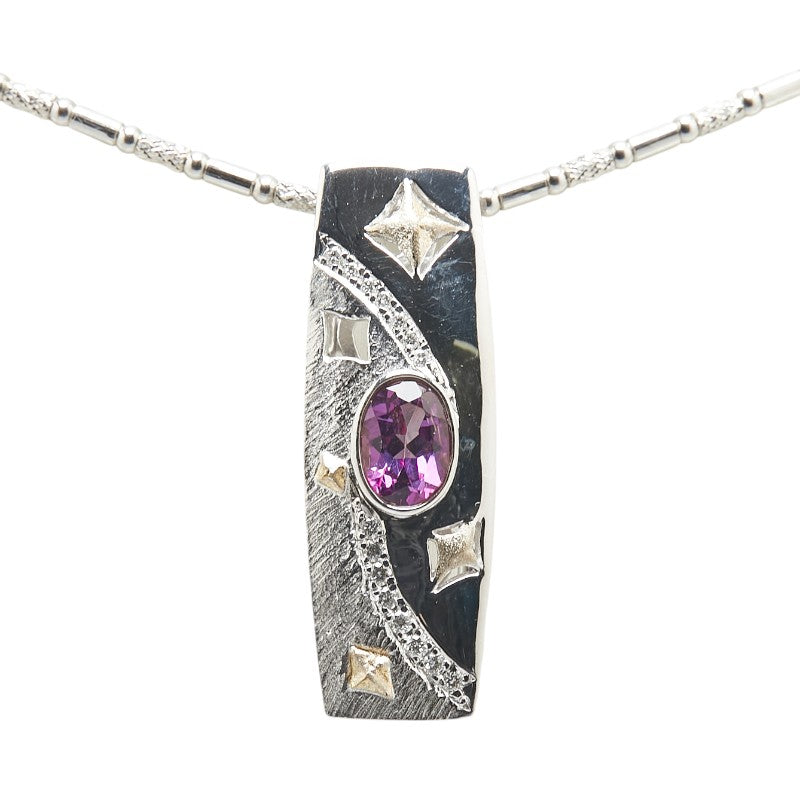 K18WG ホワイトゴールド アメジスト0.97ct ダイヤ0.13ct スクエアプレート ネックレス レディース 【中古】
