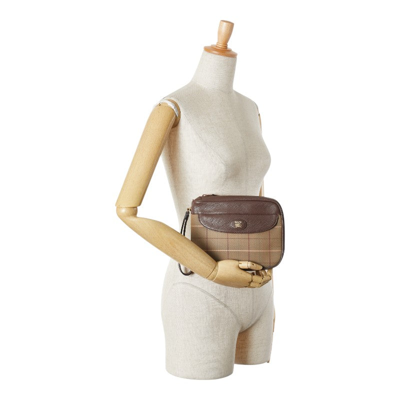 バーバリー チェック ポーチ クラッチバッグ カーキ ブラウン マルチカラー キャンバス レザー レディース BURBERRY 【中古】