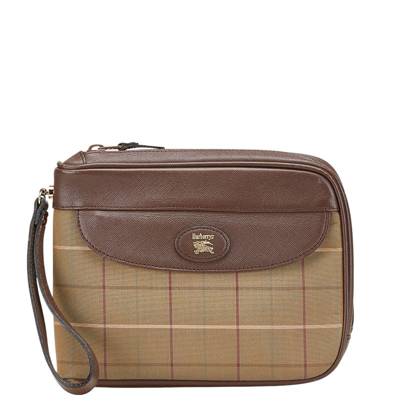 バーバリー チェック ポーチ クラッチバッグ カーキ ブラウン マルチカラー キャンバス レザー レディース BURBERRY 【中古】