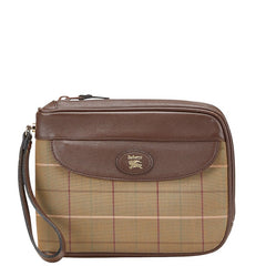 バーバリー チェック ポーチ クラッチバッグ カーキ ブラウン マルチカラー キャンバス レザー レディース BURBERRY 【中古】