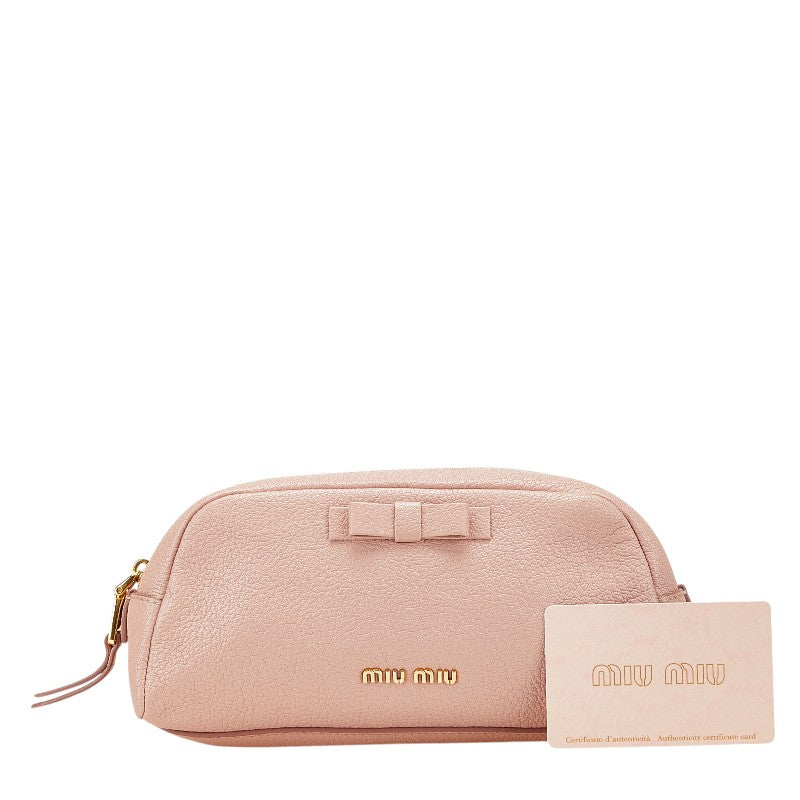 ミュウミュウ リボン ポーチ 5ND010 ピンク レザー レディース MIUMIU 【中古】