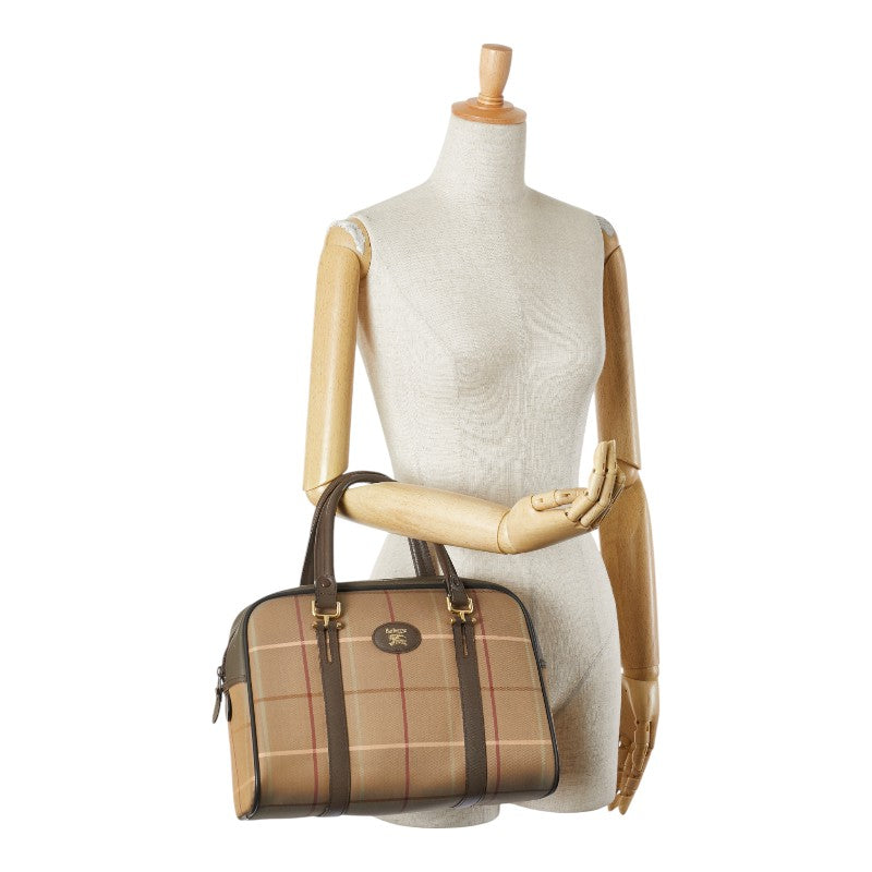 バーバリー チェック ハンドバッグ カーキ ブラウン キャンバス レザー レディース BURBERRY 【中古】