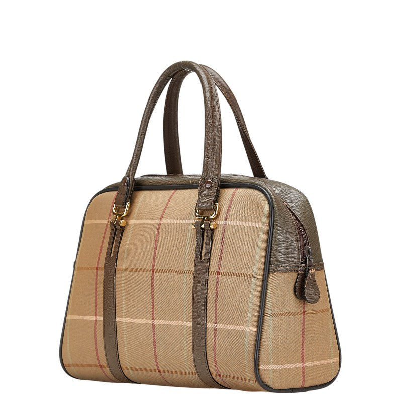 バーバリー チェック ハンドバッグ カーキ ブラウン キャンバス レザー レディース BURBERRY 【中古】