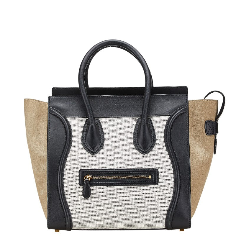 セリーヌ ラゲージ ミニショッパー ハンドバッグ ブラック グレージュ ホワイト レザー キャンバス スウェード レディース CELINE 【中古】